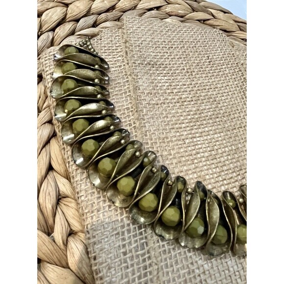 Gold Tone Olive Green Acrylic Beaded Bib Statement Necklace Egyptian Revival - Picture 2 of 5
